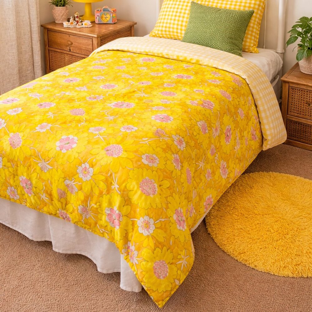 Handmade Vintage 70s‎ Yellow Floral Duvet Cover Groovy Psychedelic Colorful Bold